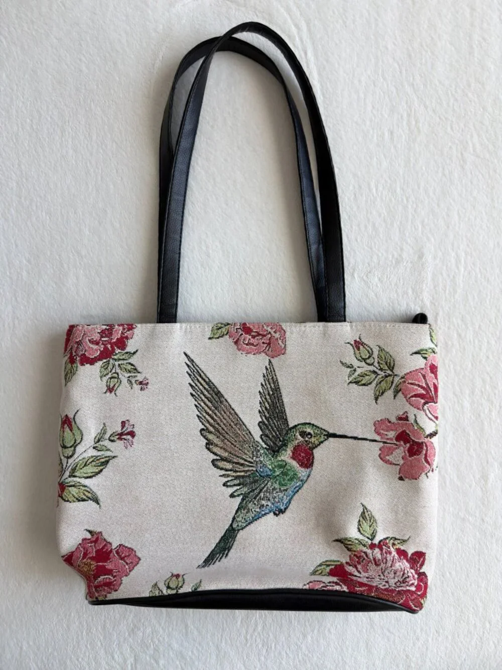 Tapestry Tote Bag‎ Hummingbird Floral Cottagecore Grandmacore Woven Cream Rose